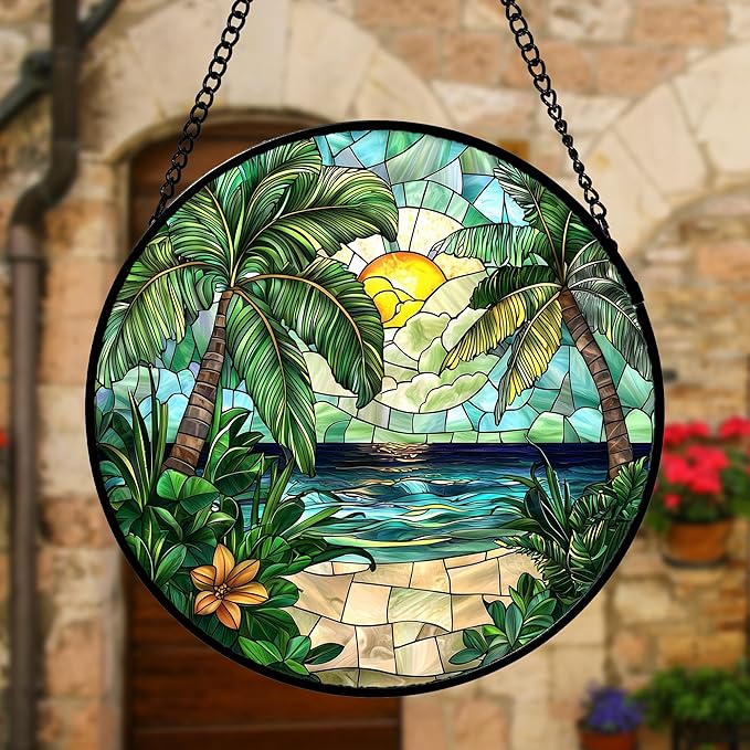 DASTOLL Stained Glass Window Hanging, Green Beach Scenery Suncatcher Diamond Glass Panel Hangings Sun Catchers Decor for Birthday for Women, Men, Wife, Aunt, and Mom 7.8 in