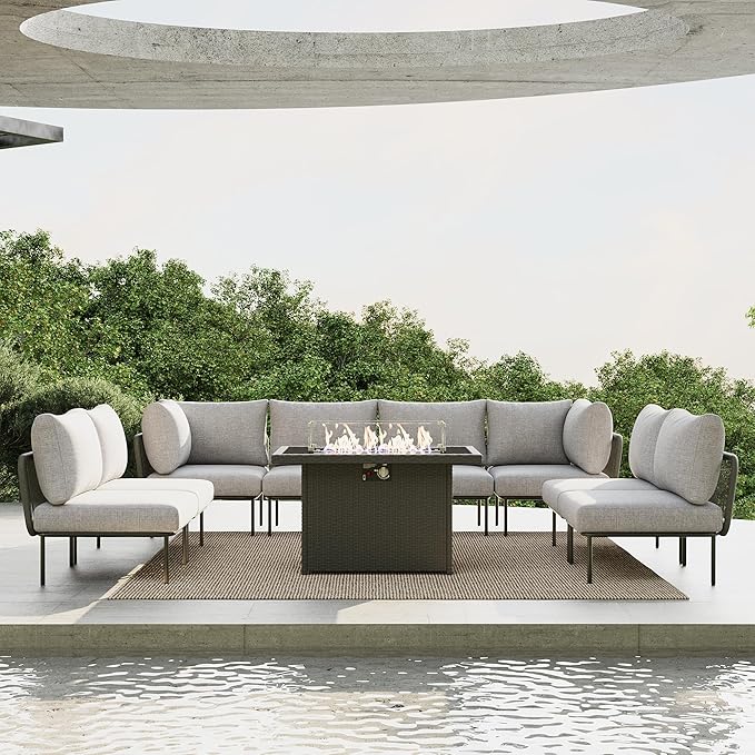 9 Piece Modern Outdoor Rope Wicker Sectional Patio L-Shaped Conversation Sofa Set Deep Seating with Fire Pit Table