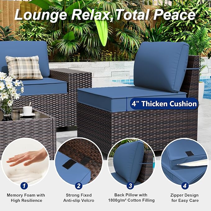 Outdoor Patio Furniture Set, 6 Pieces Outdoor Sectional Furniture High Backrest Patio Sofa, All-Weather PE Rattan Patio Conversation Set with Coffee Table & Cushions(Dark Blue).