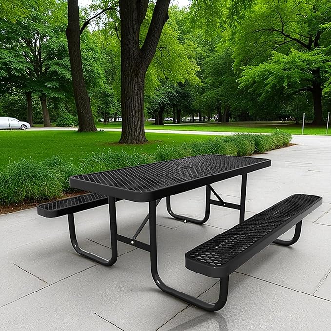 6FT Steel Metal Picnic Table with Benches, Rectangular Lifetime Picnic Table, Outdoor Furniture Heavy Duty Sturdy Commercial Picnic Tables for Patio Garden Courtyard BBQ Shopping Centers