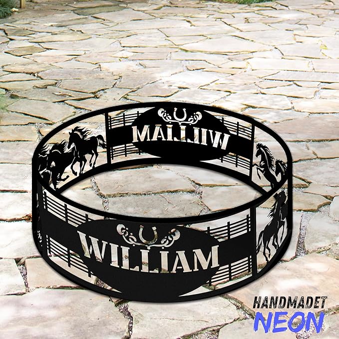 Horses Personalized Fire Pit Ring Racing Horse Custom Name Metal Campfire Ring 360 Degree Firepit Outdoor BBQs Backyard Camping Garden Western Decor Gifts for Father Dads Cowboy