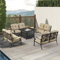 Oakland Living Black Aluminum Patio Fire Table Set with Four Deep Seating Loveseat, Cushions and Wind Blocker