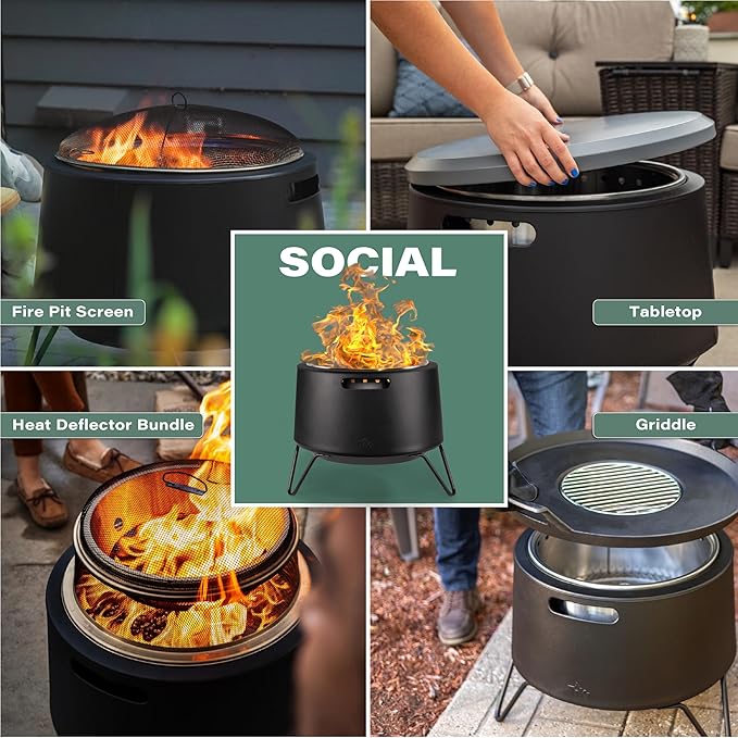 TIKI 20-Inch Smokeless Social Fire Pit, Portable Outdoor Fire Pit with Removable Ash Base, Stand & Cloth Cover – Modern Wood Burning Fire Pit for Patio, Backyard, and Gatherings