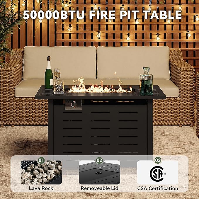 Aoxun 40" Outdoor Propane Fire Pit Table with Removable Lid - 50,000 BTU Patio Heater, Rectangle Natural Gas/Propane Fire Pit with Lava Rocks & Waterproof Cover for Deck, Backyard, Garden,Black