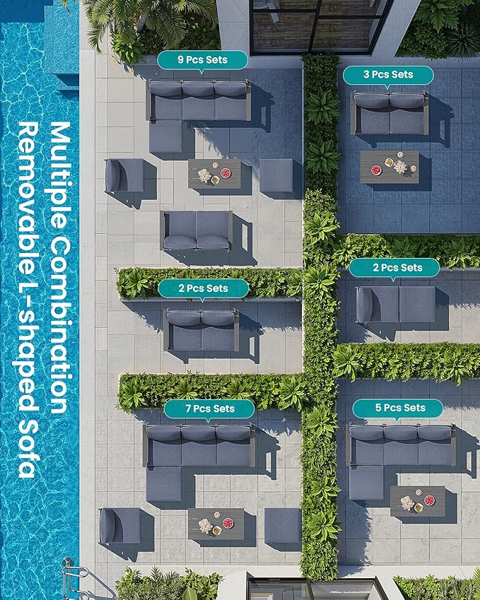 SERWALL 9 Pieces Patio Sofas with 15FT Double Side Patio Umbrella, All-Weather HDPE Outdoor Sectional Sofa, Extra-Large Modular Conversation Set for Patio, Garden, Deck, Grey Frame with Grey Cushion