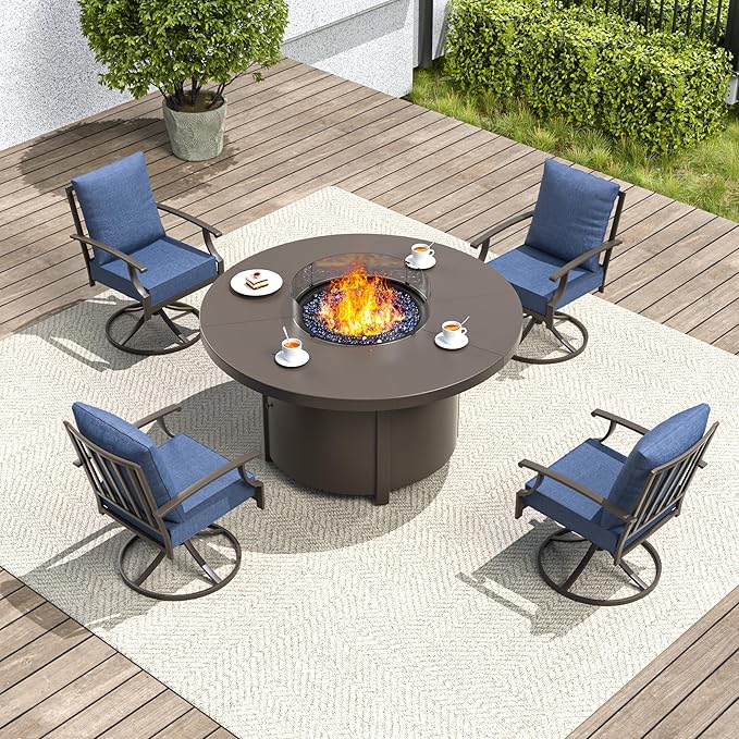5 Pieces Patio Furniture Set with Round Fire Pit Table, Outdoor Conversation Sets 4 Swivel Chairs with Upgrade Cushions for Patio, Backyard Dark Blue