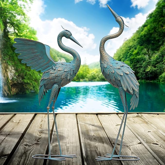 Oritty 33-37 Inch Metal Crane Garden Statue Décor, Bird Garden Sculpture & Statues, Outdoor Decoration for Yard Patio Lawn Backyard Pool, Vintage Spread Wings Crane, Set of 2