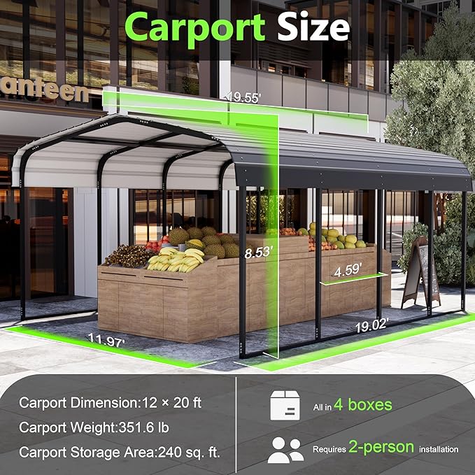 Royal Windsor Metal Carport 12×20 FT Car Port, Outdoor Storage Heavy Duty Metal Canopy Multi-Use Garage Shed for Car and Truck, Carport Kit with Galvanized Steel Roof Building and Frame