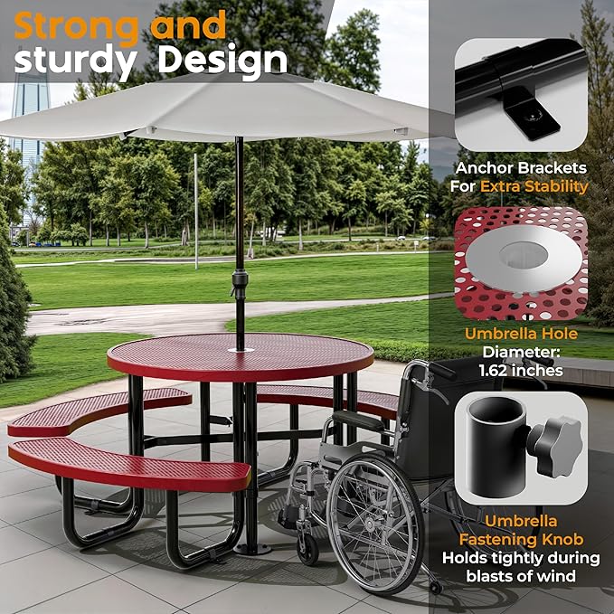 Metal Picnic Tables for Outdoors with Umbrella Hole - Coated Steel Heavy Duty Commercial Grade Furniture Set with Adjustable Seats (Red, 46 in, Round, Punched Steel)