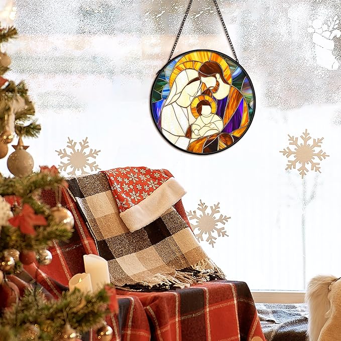 cvjutf Christian Baby Jesus Nativity Suncatcher Stained Glass Window Hanging Decor, Christian Christmas Stained Glass Wall Decor Gifts, Nativity Scene Garden Lawn Sun Catchers Window Art, 7.9x7.9In