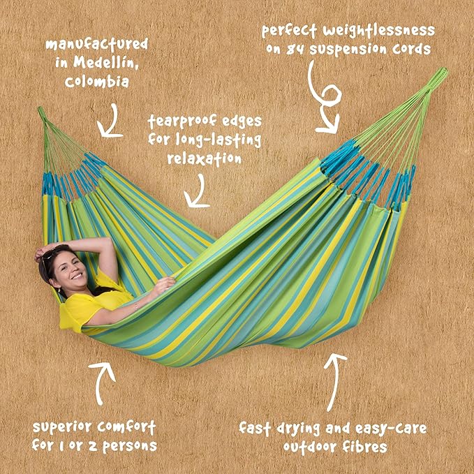 LA SIESTA Brisa Classic Hammock, Handmade, Weather-Resistant, Tear-Resistant Hammock for Indoor & Outdoor Relaxation, Size-King - Lime