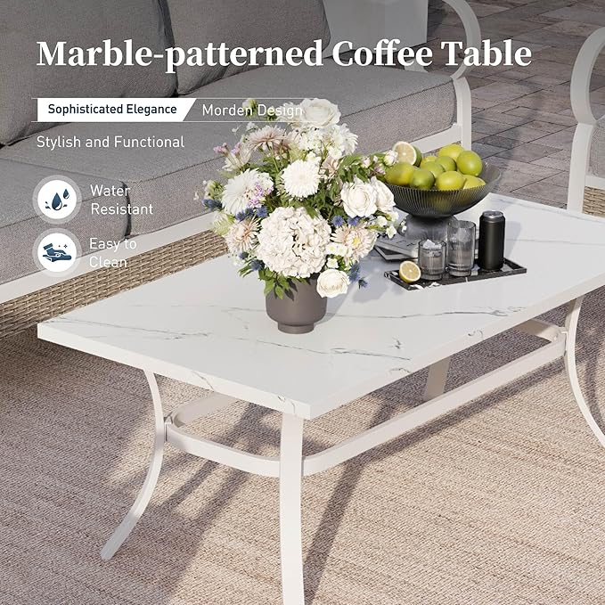 SUNSHINE VALLEY 4 PCS Metal Outdoor Patio Furniture Set, Patio Conversation Sets 1 3-Seater Sofa, 2 Swivel Chairs with 5.75" Extra Thick Cushion and Coffee Table, White Frame Backyard Furniture, Gray
