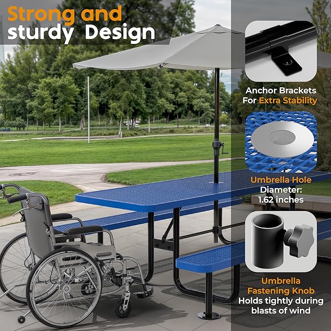 Commercial Heavy-Duty Metal Picnic Table - ADA Compliant, Adjustable Seats, Umbrella Hole, Expanded Metal (Blue, 8' Rectangular)