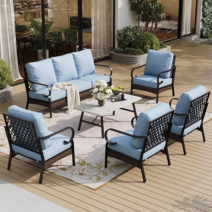 SUNSHINE VALLEY 6 Piece Metal Outdoor Patio Furniture Sets, Patio Conversation Sets 1 3-Seater Sofa, 4 Single Sofa with 5.75" Extra Thick Cushion & Coffee Table, Black Frame Backyard Furniture, Blue