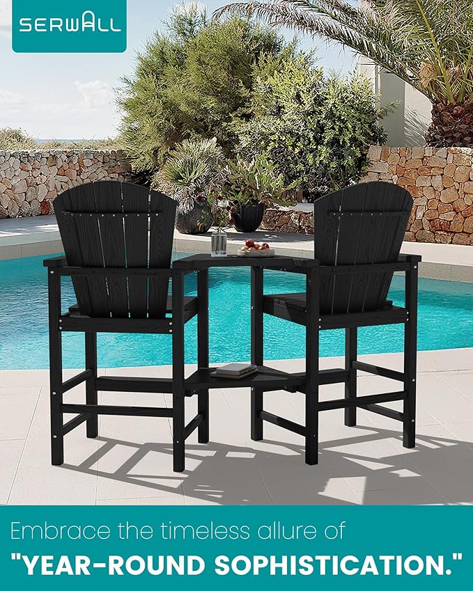 SERWALL Tall Adirondack Chairs Set of 4 with Double Layer Connecting Tray, HDPE Bar Height Outdoor Chairs, Wood-Like Adirondack Bar Stools for Patio, Balcony, Porch, Black
