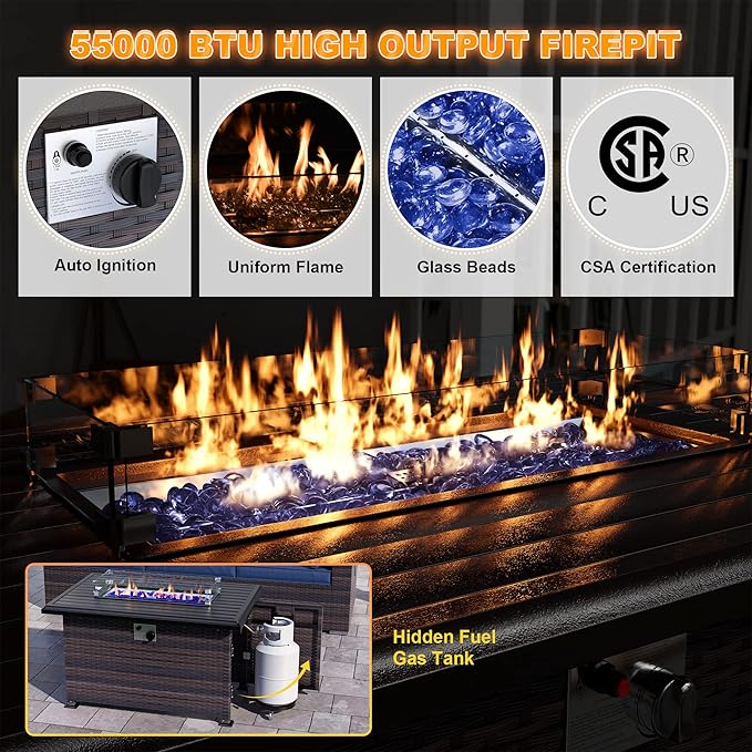 Kurapika 13 Pieces Patio Furniture Set, Rattan Wicker Outdoor Conversation Sets w/43in Propane Fire Pit Table(Sand)
