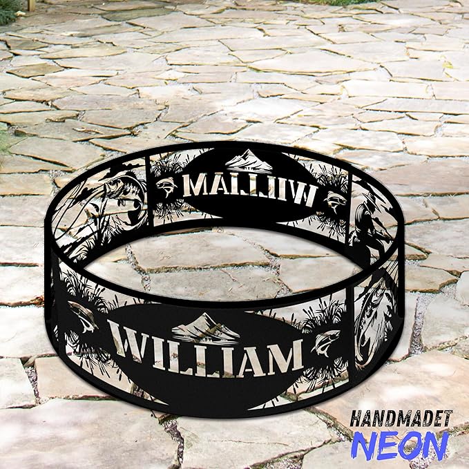 Personalized Fire Pit Ring Fishing Custom Name Cutout Metal Campfire Ring Stove 360 Degree Firepit Outdoor BBQs Backyard Camping Garden Decor Gifts for Father Dads Fishermen