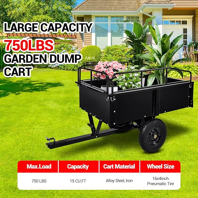 Heavy Duty ATV Trailer Steel Dump Cart, 750 Lbs 15 Cubic Feet Garden Trailer Pull Behind with Removable Sides & All Terrain Tires for Lawn Mower, ATV & Yard Work