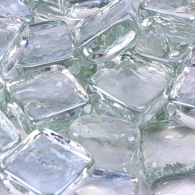 Reflective Fire Pit Glass Cubes - Professional Grade Fire Glass for Fire Pit - 1" Firepit Glass Rock - Glass Stones - Gas & Propane Fire Pit & Fireplace Glass (10 Pound, Clear)