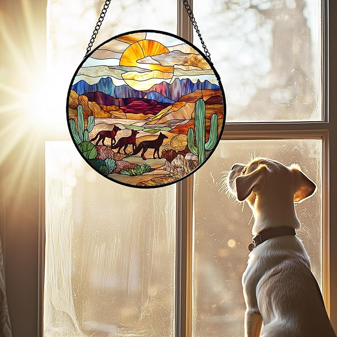 HKDGOKA Stained Glass Window Hanging Sunset Desert Landscape Wolf Large 11.8" - Suncatcher Door Garden Sunroom Sun Catcher Home Decor Birthday Christmas for Mom Men Woman Nana