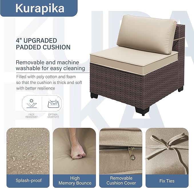Kurapika 8 Pieces Patio Furniture Set, Rattan Wicker Outdoor Conversation Sets w/43in Propane Fire Pit Table and 4 Inch Cushion(Sand)