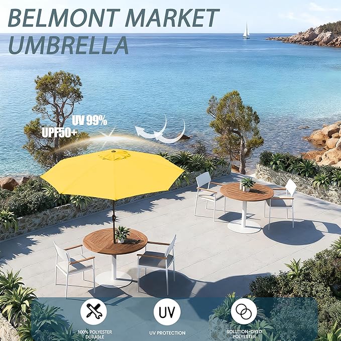 9FT Large Outdoor Patio Umbrella Market Table Umbrella-UV Resistant, Easy Push Button Tilt and Crank, 8 Sturdy Ribs Heavy-Duty Pool Umbrella for Deck,Yellow