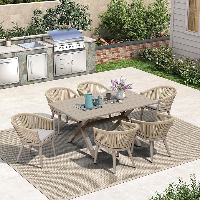 PURPLE LEAF 7 Pieces Outdoor Dining Set with Patio Aluminium Dining Table and Wicker Rattan Chairs Modern Furniture Cushions Sets for Backyard Indoor Decor Kitchen Champagne