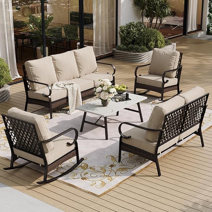 SUNSHINE VALLEY 5 Piece Metal Outdoor Patio Furniture Set, Patio Conversation Sets, Outdoor Seating Furniture 3-Seater Sofa, 2 Leg Chair and 2 Swivel Chair with 5.75" Cushion for Backyard Deck, Beige