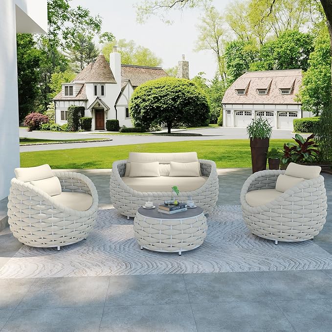 TWT 6-Piece Aluminum Patio Furniture Set, Olefin Rope Modern Outdoor Conversation Set Sectional Sofa with Water Repellent Thick Cushions and Coffee Table for Balcony, Garden, Beige