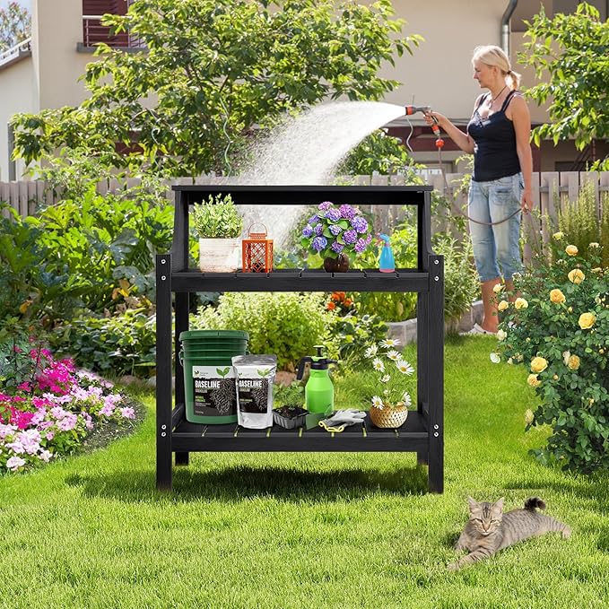 ONBRILL Potting Bench, HDPS Potting Bench with 4 Side Hooks, All-Weather Garden Table Work Station, Outdoor Potting Table for Porch, No Rust, No Fade, No Break, 360lbs Capacity (Black, Large)