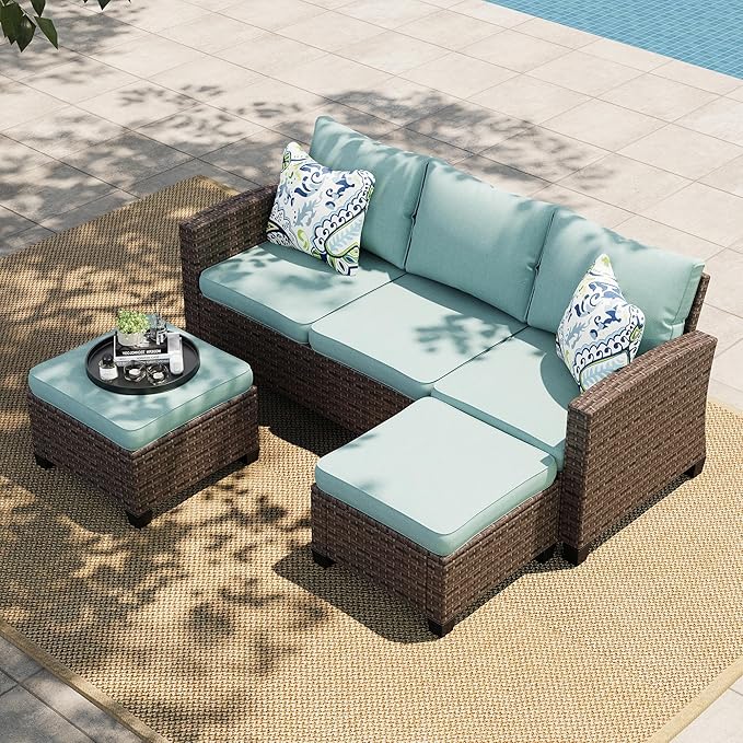 Small Patio Furniture Set, 3 Pieces Wicker Outdoor Sectional Set, L-Shaped Patio Couch Set, Modular Rattan Conversation Set with Lounge Sofa and Ottomans for Deck Lawn Garden, Blue