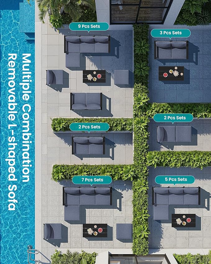 SERWALL 3 Pieces Patio Conversation Set, All-Weather HDPE Outdoor Sofas with Cushions and Coffee Table, Modular Sectional Furniture for Deck, Garden, Backyard, Black Frame with Grey Cushion