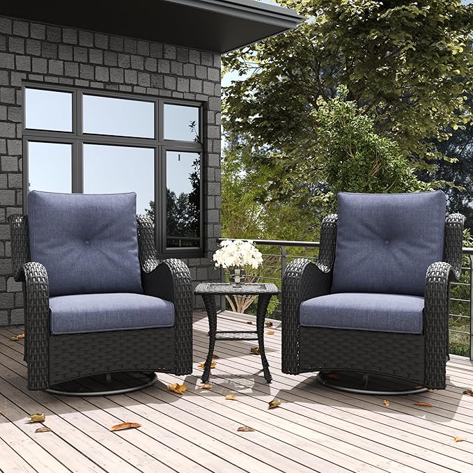 LayinSun 3 Pieces Outdoor Patio Furniture Set, Rattan Wicker Swivel Rocker Chairs Sets with Swivel Glider Chairs and Coffee Table