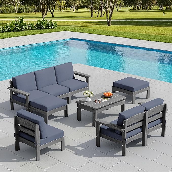SERWALL 9 Pieces Patio Sofas, All-Weather HDPE Outdoor Sectional Sofa with Cushions and Coffee Table, Extra-Large Modular Conversation Set for Patio, Garden, Deck, Grey Frame with Grey Cushion