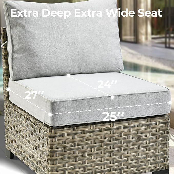HOOOWOOO Outdoor Sectional Patio Furniture Set with Fire Pit Table,15 Pieces Wicker Conversation Sets L Shaped Couch,Extra Deep Out Door Sofa Outside Furniture with Swivel Chairs Ottomans,Light Gray