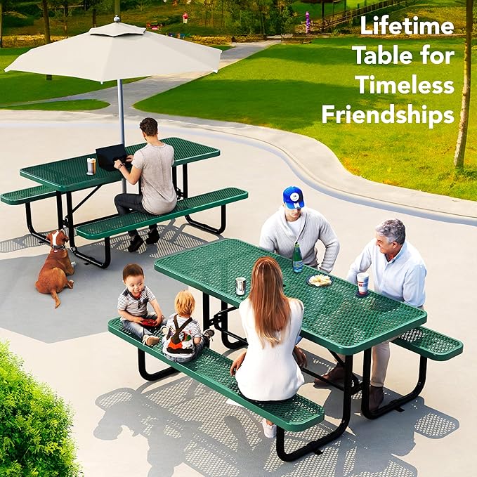 Commercial Heavy-Duty Metal Picnic Table - ADA Compliant, Adjustable Seats, Umbrella Hole, Expanded Metal (Green, 6' Rectangular)