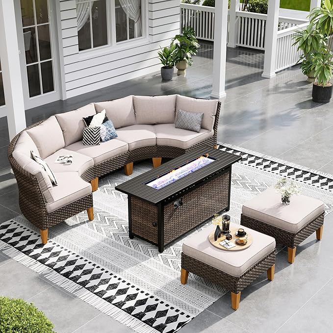 Sophia & William Patio Furniture Set with Fire Pit Table, 8 Piece Half Moon Outdoor Wicker Sectional Sofa Set, Rattan Conversation Set with 56-Inch Fire Pit Table & Ottoman (Beige)