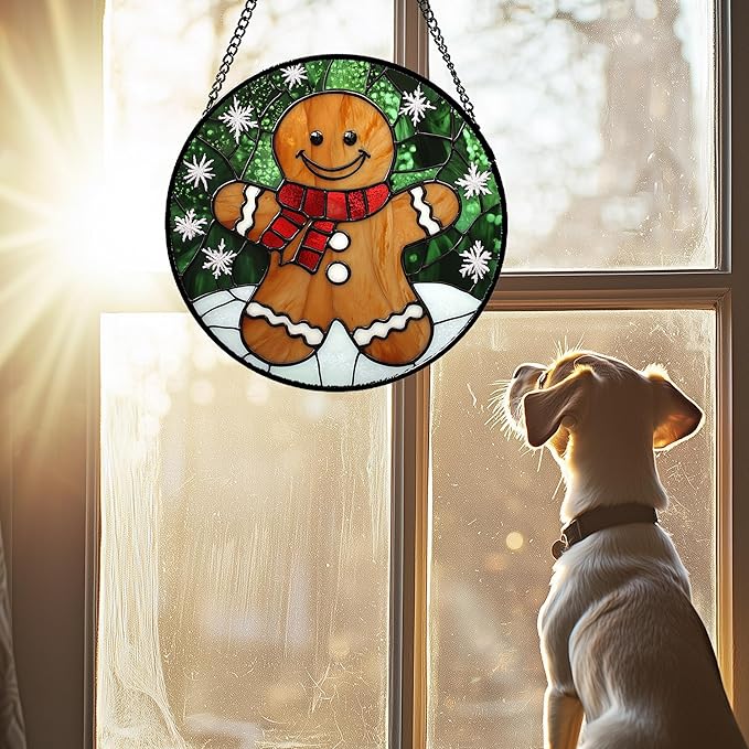 CRISGIF Stained Glass Window Hanging Cute Christmas Gingerbread Man Snowflake Large 15" - Suncatcher Door Garden Sun Catcher Home Decor Birthday for Mom Men Woman Nana Friend