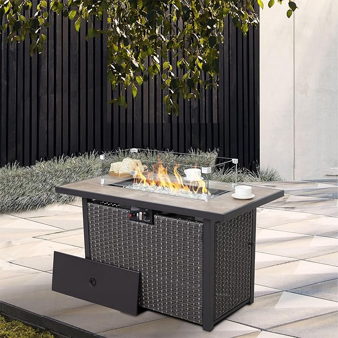 Nuu Garden 43 Inch Outdoor Propane Fire Pit Table 50000 BTU, Patio Gas Fire Pit with Ceramic Tabletop, Weather-Resistant Backyard Fire Table with Oxford Cover, Dark Brown and Coffe