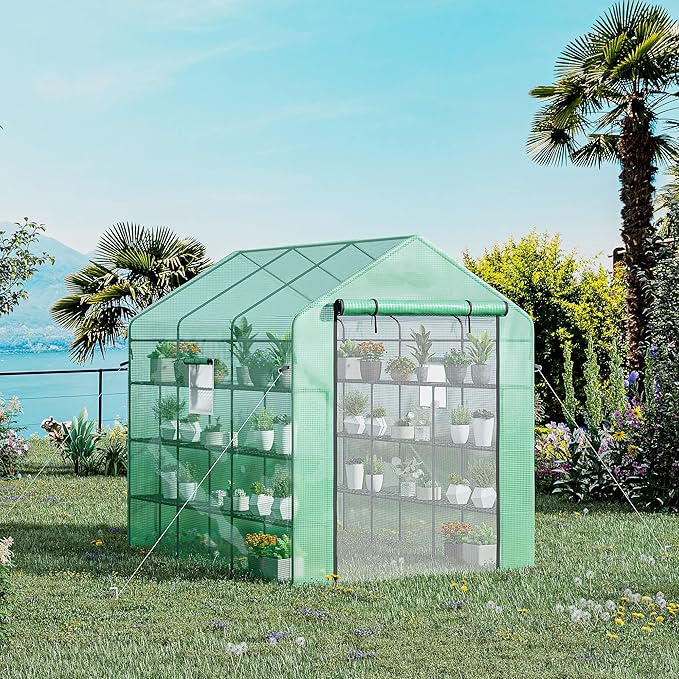 Outsunny 8' x 6' x 7' Walk-in Greenhouse, PE Cover, 4-Tier Shelves, Steel Frame Hot House, Roll-Up Zipper Door for Flowers, Vegetables, Saplings, Tropical Plants, Green