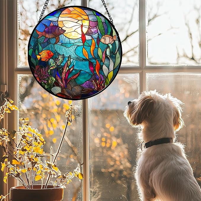 AMDERVEN Stained Glass Window Hanging - Blue Ocean World Small Fish Coral Sun Catcher for Door Garden Home Decor Sea Suncatcher Christmas Mother's Day Birthday Gifts for Women Men Mom Nana 6.3 in