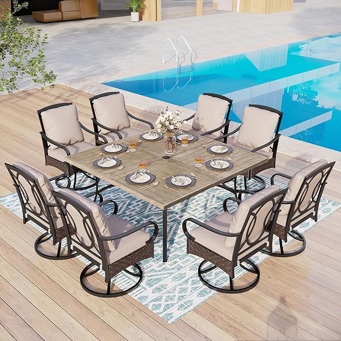 MFSTUDIO 60" Square Metal Outdoor Dining Table, Large Patio Furniture 8 Person Table with 1.57" Umbrella Hole for Deck,Backyard,Lawn,Garden(Brown)