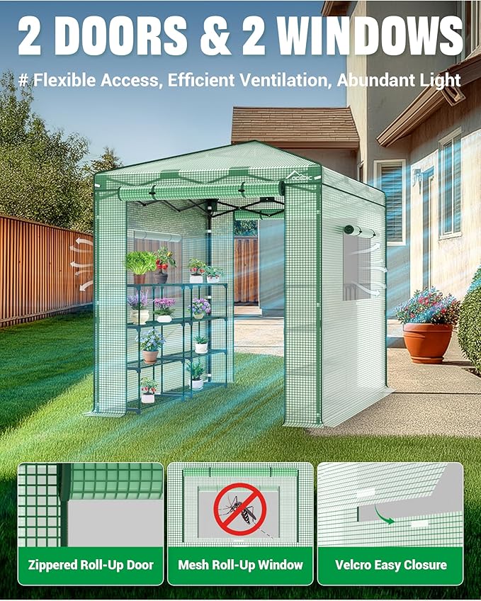 8x6 Instant Pop up Greenhouses, Indoor Outdoor Portable Greenhouse Walk-in, Small Green House for All Season with Roll-Up Zipper Doors and Side Windows, 4 Sandbags, Pe Cover, Green/Clear