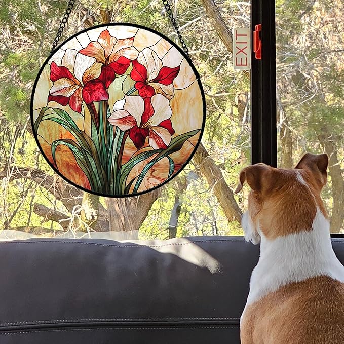 CRISGIF Stained Glass Window Hanging - Red Gladiolus Flower Suncatcher for Door Yard Sun Catchers Decor Christmas Mother's Day Birthday Gifts for Lovers Women Mom Nana Girlfriend Wife 11.8 in