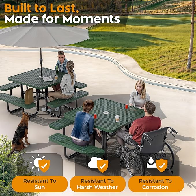 Metal Picnic Tables for Outdoors with Umbrella Hole - Coated Steel Heavy Duty Commercial Grade Furniture with Adjustable Seats (Green, 46 in, Square, Punched Steel)