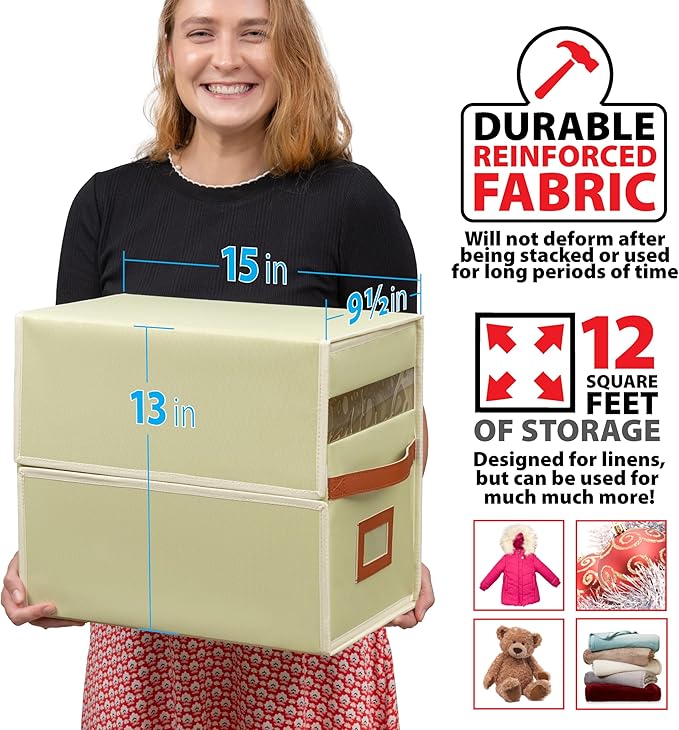 Bed Sheet Storage Organizer, Non-woven Fabric, 15x13x9.5 Inches, Clear Window, Modern Style, Rectangular, Zipper Closure (Beige, 1-pack)