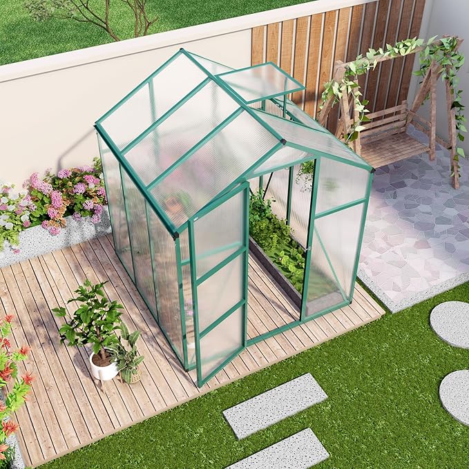 KEIKI Walk-in 6x6 FT Polycarbonate Greenhouse, Aluminum Frame Outdoor Greenhouse with Roof Vent, Anchor Base & UV-Blocking Panels for Backyard Gardening, Green
