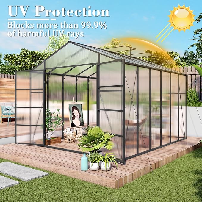 KEIKI 10x12 FT Polycarbonate Greenhouse for Outdoors, Heavy-Duty Aluminum Walk-in Greenhouse with Raised Base, Roof Vent & Drainage System, All-Season Garden Greenhouse, Black