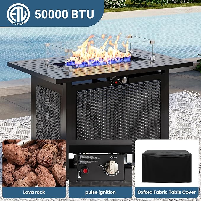 Green4ever 8 Pieces Outdoor Patio Furniture Set with 43" Fire Pit Table, Wicker Outdoor Patio Sectional Sofas Coffee Table, All-Weather Patio Conversation Set with Cushions for Garden Backyard, Beige