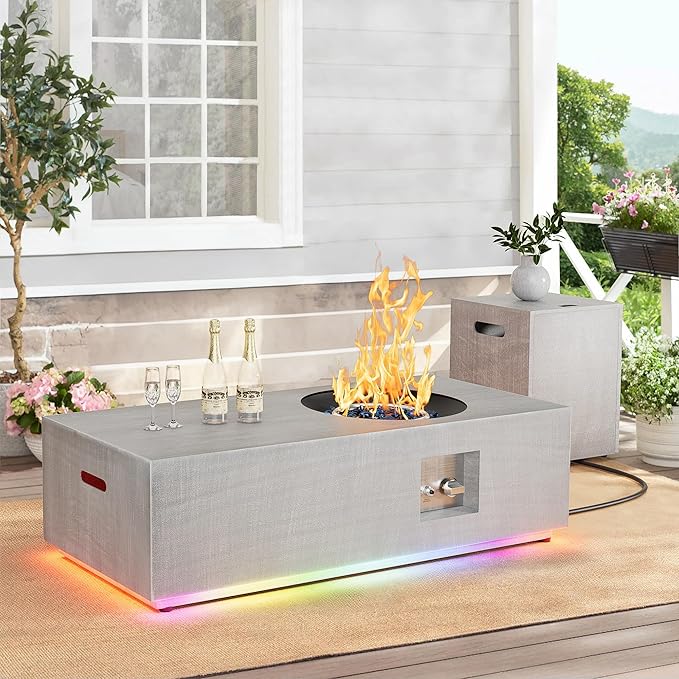 Dineli 2-Piece Outdoor Propane Fire Pit Table Set w Tank Table 48'' Rectangular Firepit Gas Fire Pits for Outside Patio Tabletop Fire Pits w LED, 50,000 BTU (Light Gray with RGB Light)